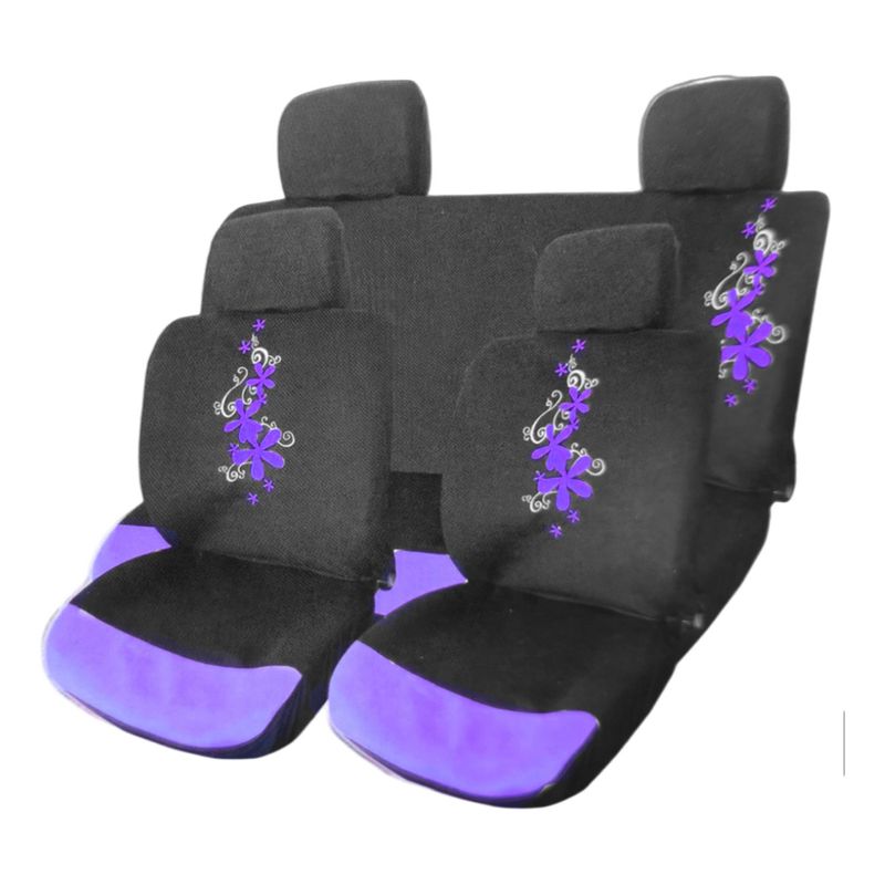 GENERICO - Funda Cubre Asiento Negro Morado Mariposa 8pcs Auto Flor