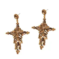 VANE COLLECTION - Aros mujer fino pegado colgante de cruz cristales color topacio