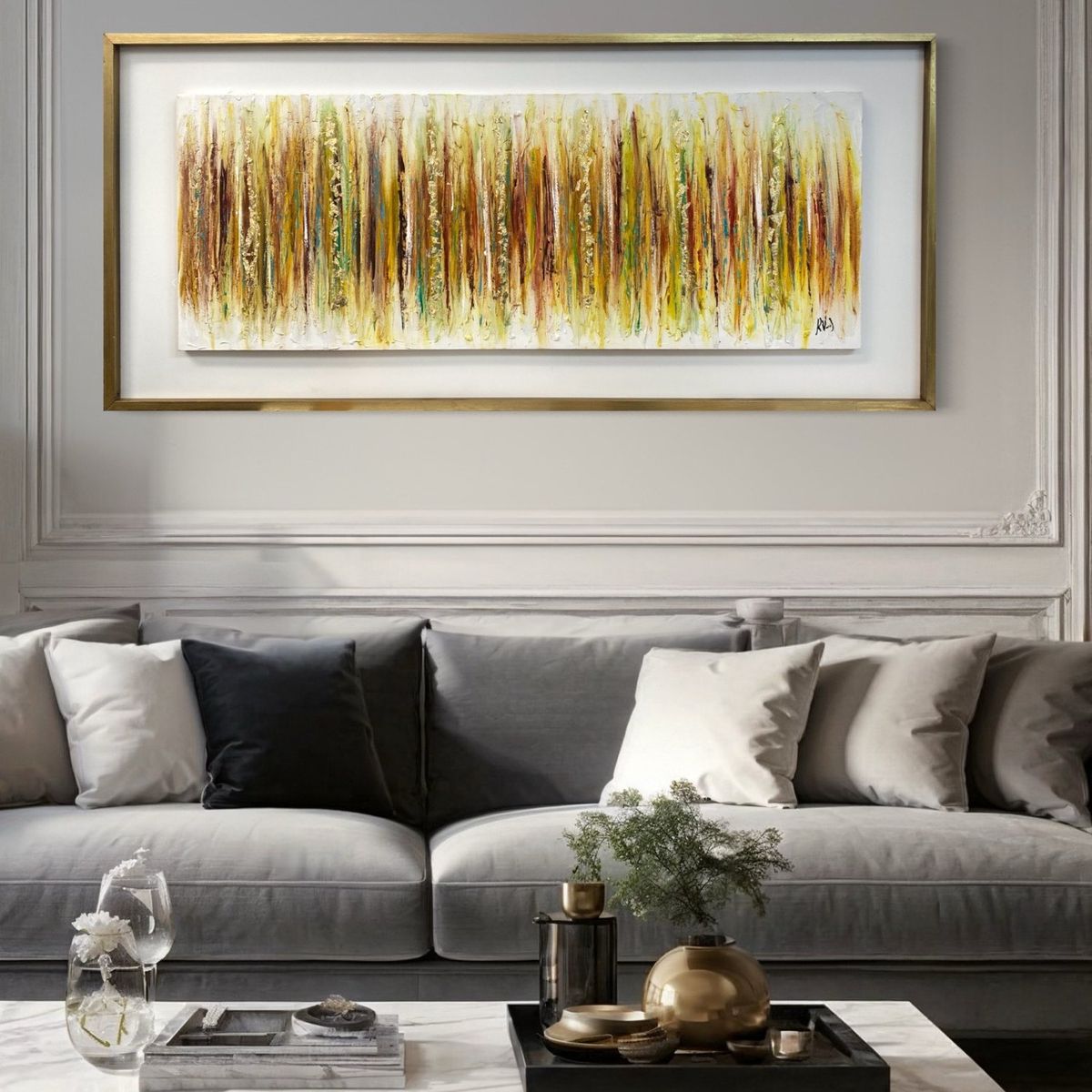 DEKAM DISEÑO - CUADRO PINTADO A MANO ABSTRACTO DORADO ENMARCADO 146X66 CMS