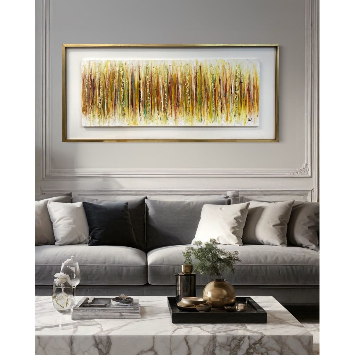 DEKAM DISEÑO - CUADRO PINTADO A MANO ABSTRACTO DORADO ENMARCADO 146X66 CMS