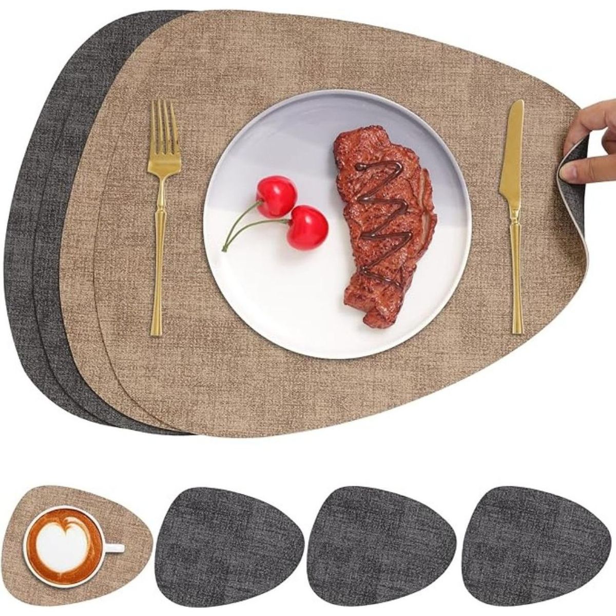 AZ AURAZEUS - Set 4 Individuales + 4 Posavasos Impermeables Antimanchas 2 en 1 AZ