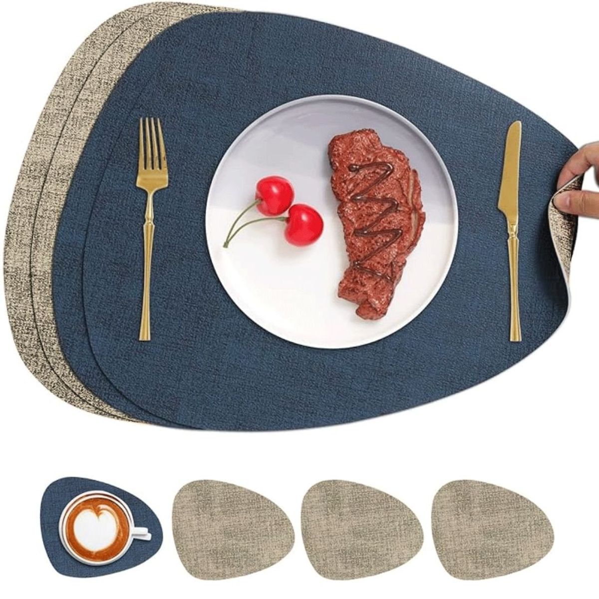 AZ AURAZEUS - Set 4 Individuales + 4 Posavasos Impermeables Antimanchas 2 en 1 Az