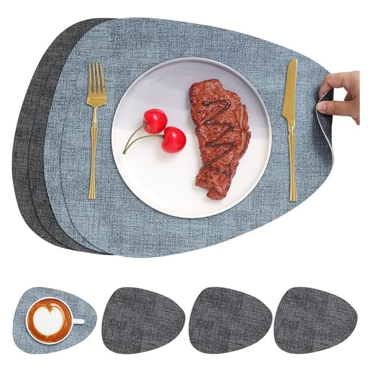 AZ AURAZEUS - Set 4 Individuales + 4 Posavasos Impermeables Antimanchas 2 en 1 Az