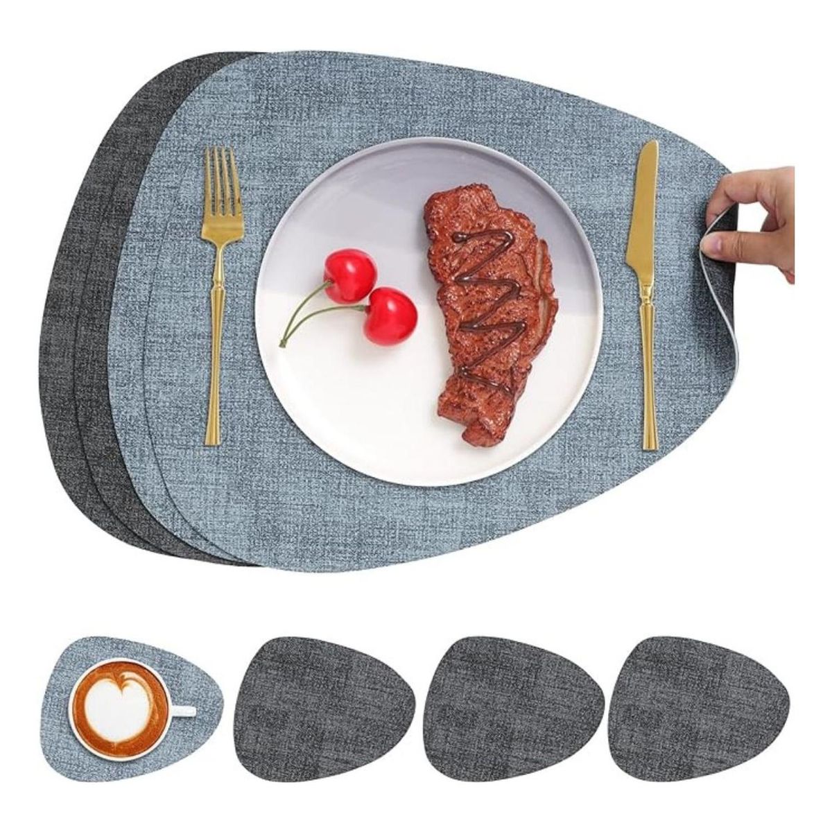 AZ AURAZEUS - Set 4 Individuales + 4 Posavasos Impermeables Antimanchas 2 en 1 Az