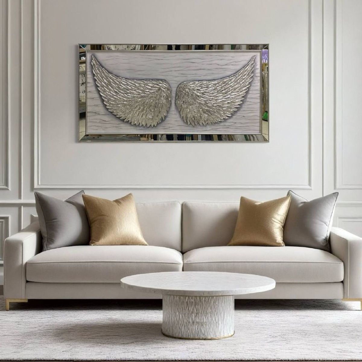 DEKAM DISEÑO - CUADRO ALAS PINTADO  DECORATIVO  PLATEADA MARCO ESPEJADO 141X71 CMS