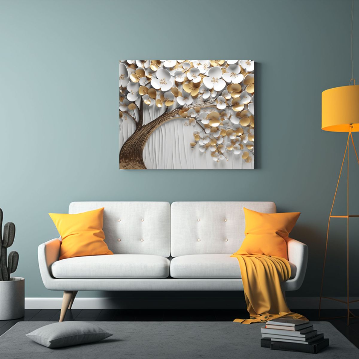 GENERICO - Pintura Abstracta De árbol Con Pétalos Blancos Dorados Y  120x80cm