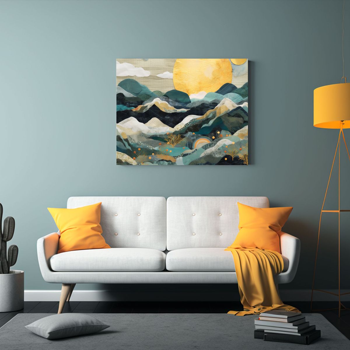 GENERICO - Pintura Paisaje Montañas Nubes Sol Decoración Habitación 120x80cm