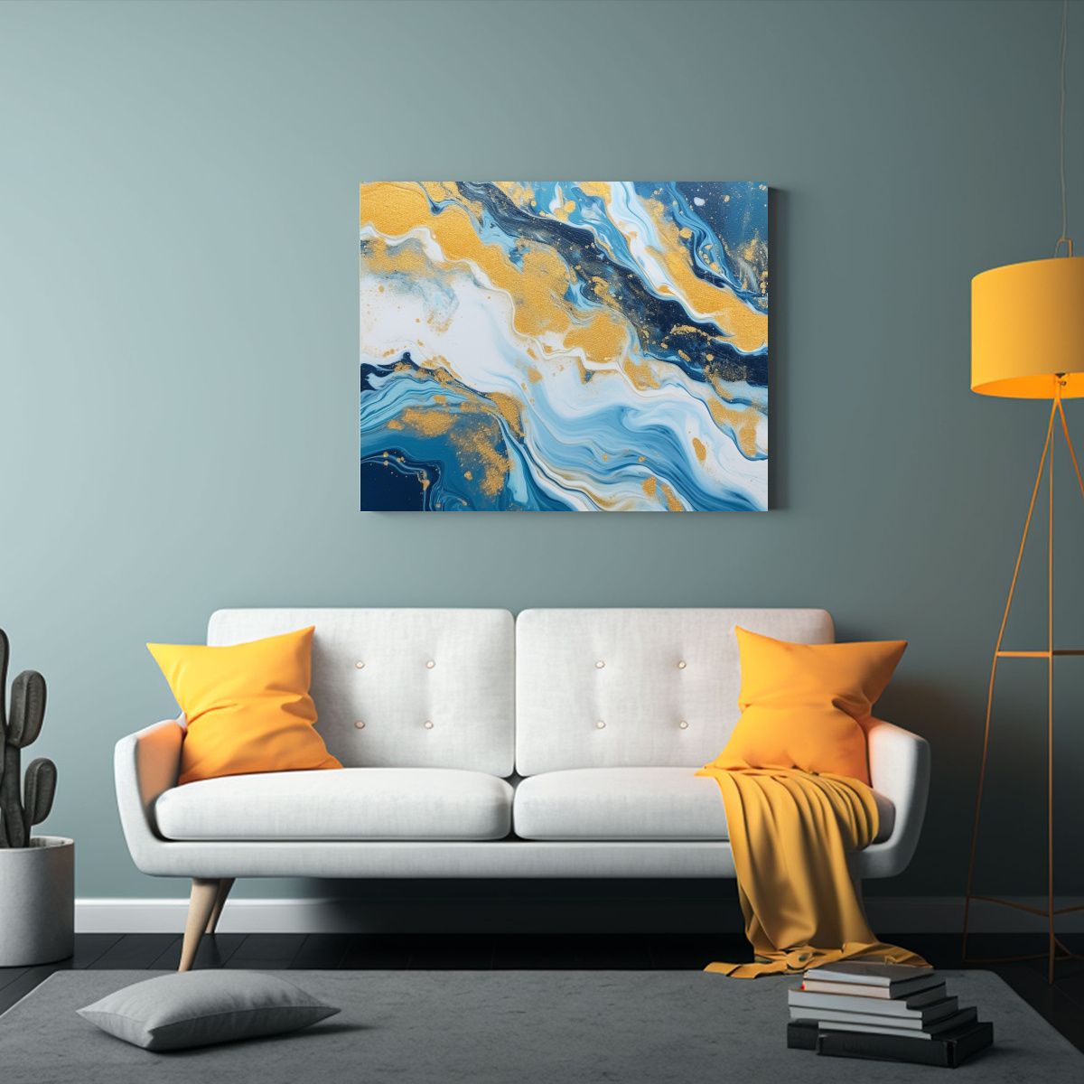 GENERICO - Pintura Marmolada Azul Y Dorada Arte De Pared Duradero 120x80cm