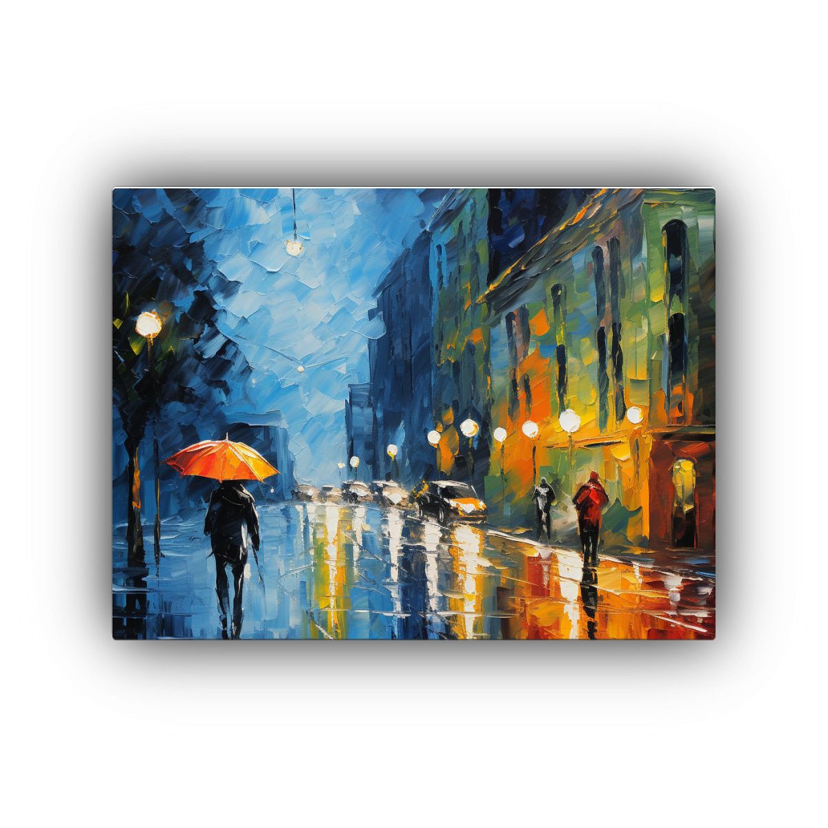 GENERICO - Pintura Al óleo De Escena Callejera Nocturna En Tormenta 120x80cm