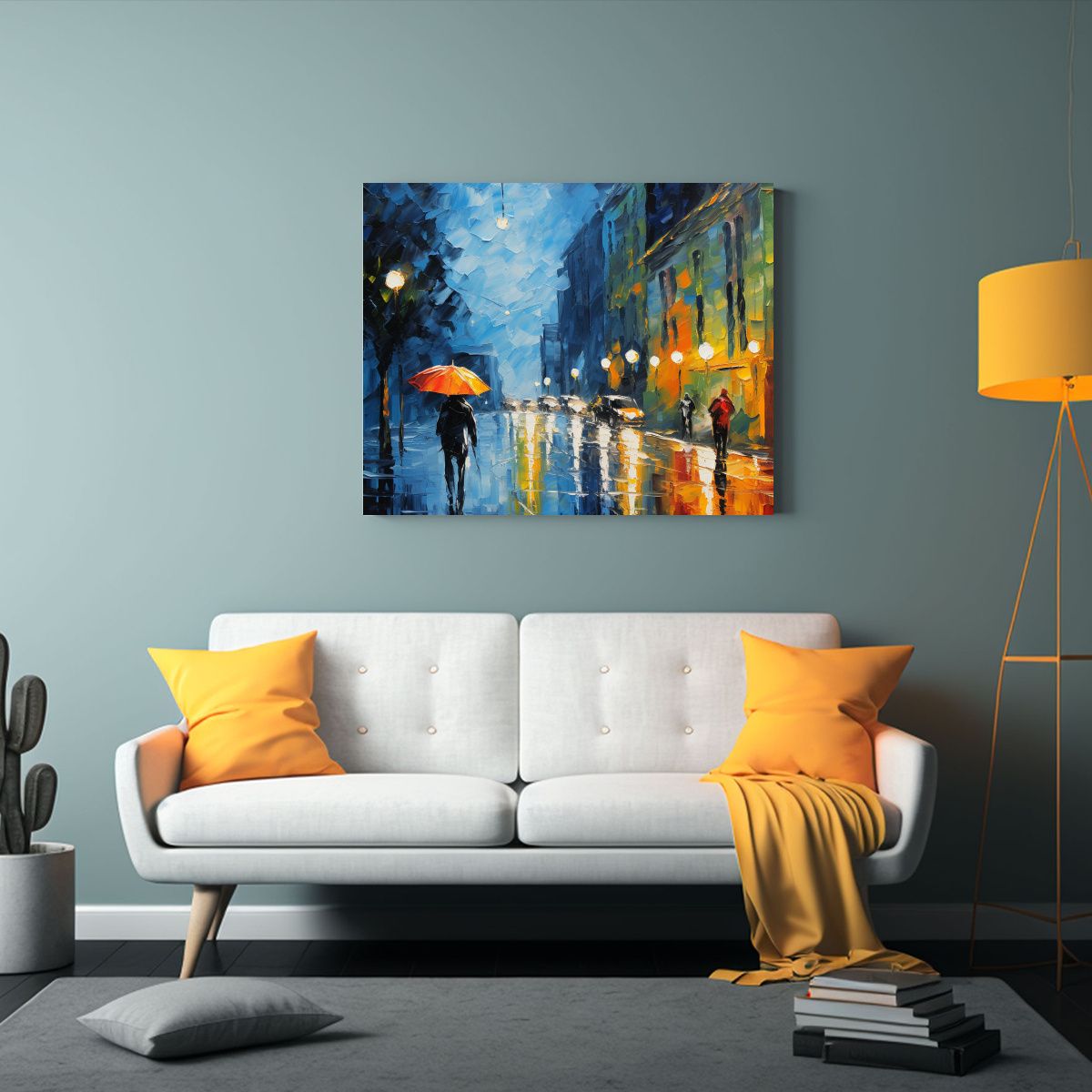 GENERICO - Pintura Al óleo De Escena Callejera Nocturna En Tormenta 120x80cm