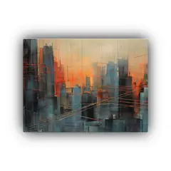 GENERICO - Pintura Abstracta De Ciudad En Rojo Azul Y Naranja Vanguar 120x80cm