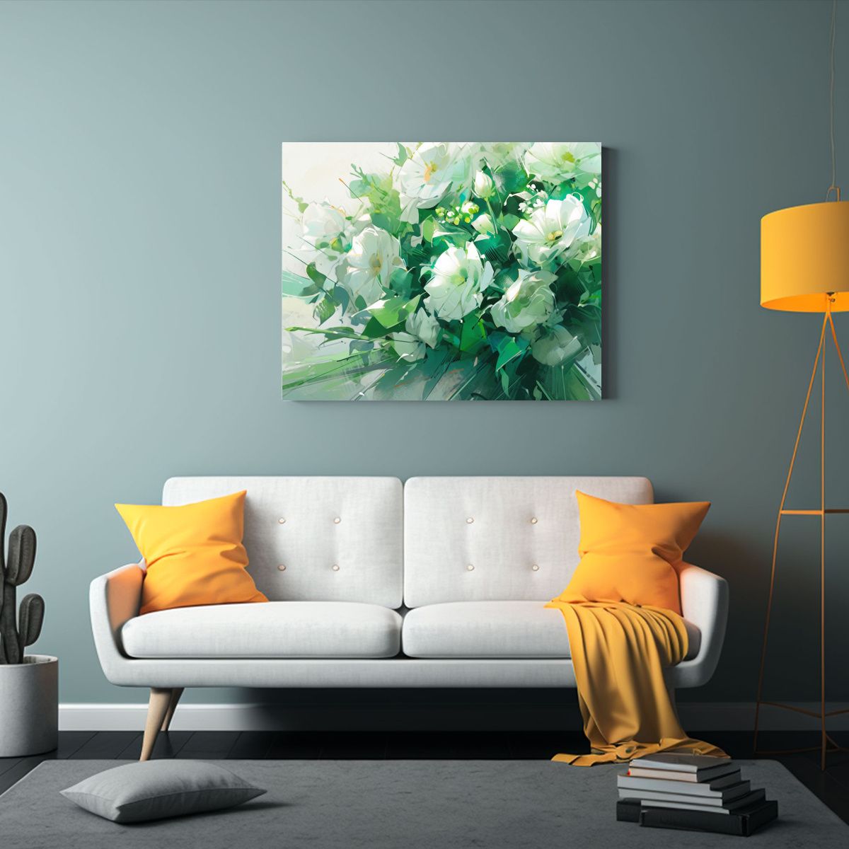 GENERICO - Cuadro En Lienzo Lineal Conceptual Flores Verde Y Plata 120x80cm