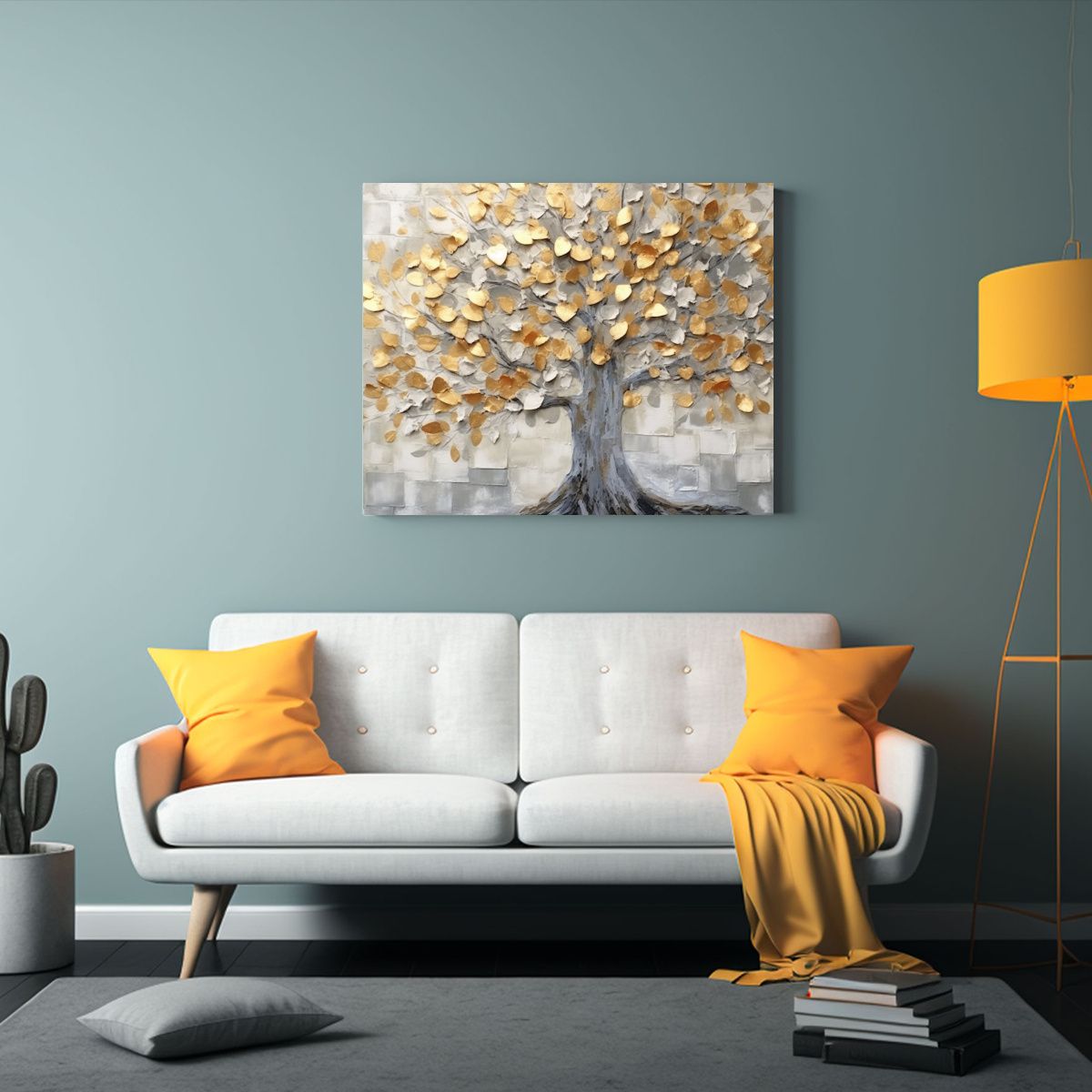 GENERICO - Cuadro Moderno Impactante Árbol Con Hojas Grises Y Toques D 120x80cm