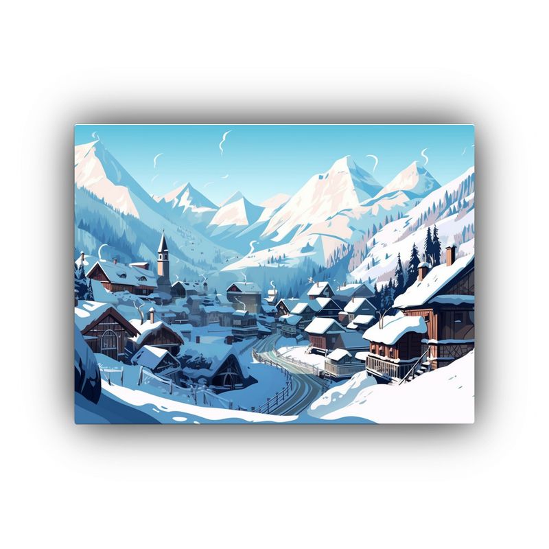 GENERICO - Pintura Decorativa De Aldea Nevada Con Montañas Al Fondo 120x80cm
