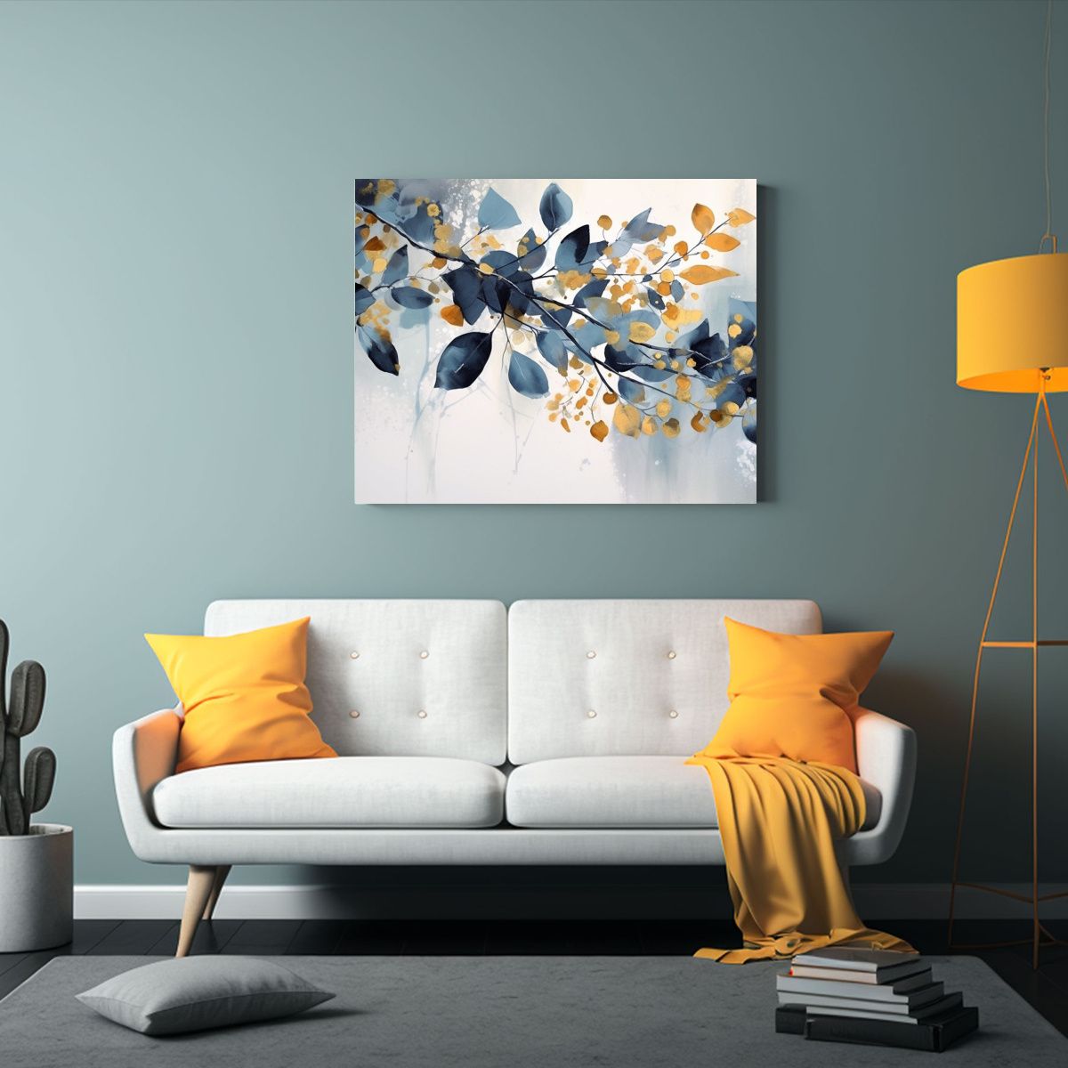 GENERICO - Lienzo De Tela Con Acuarela De Hojas En Tonos Azules Para De 120x80cm