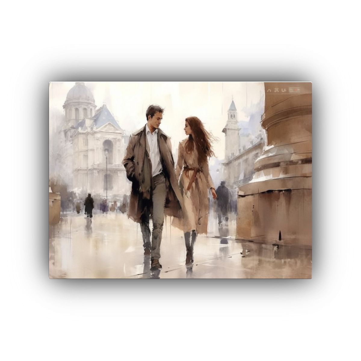 GENERICO - Pareja Elegante Paseando Por Las Calles De París Acuarela  60x40cm