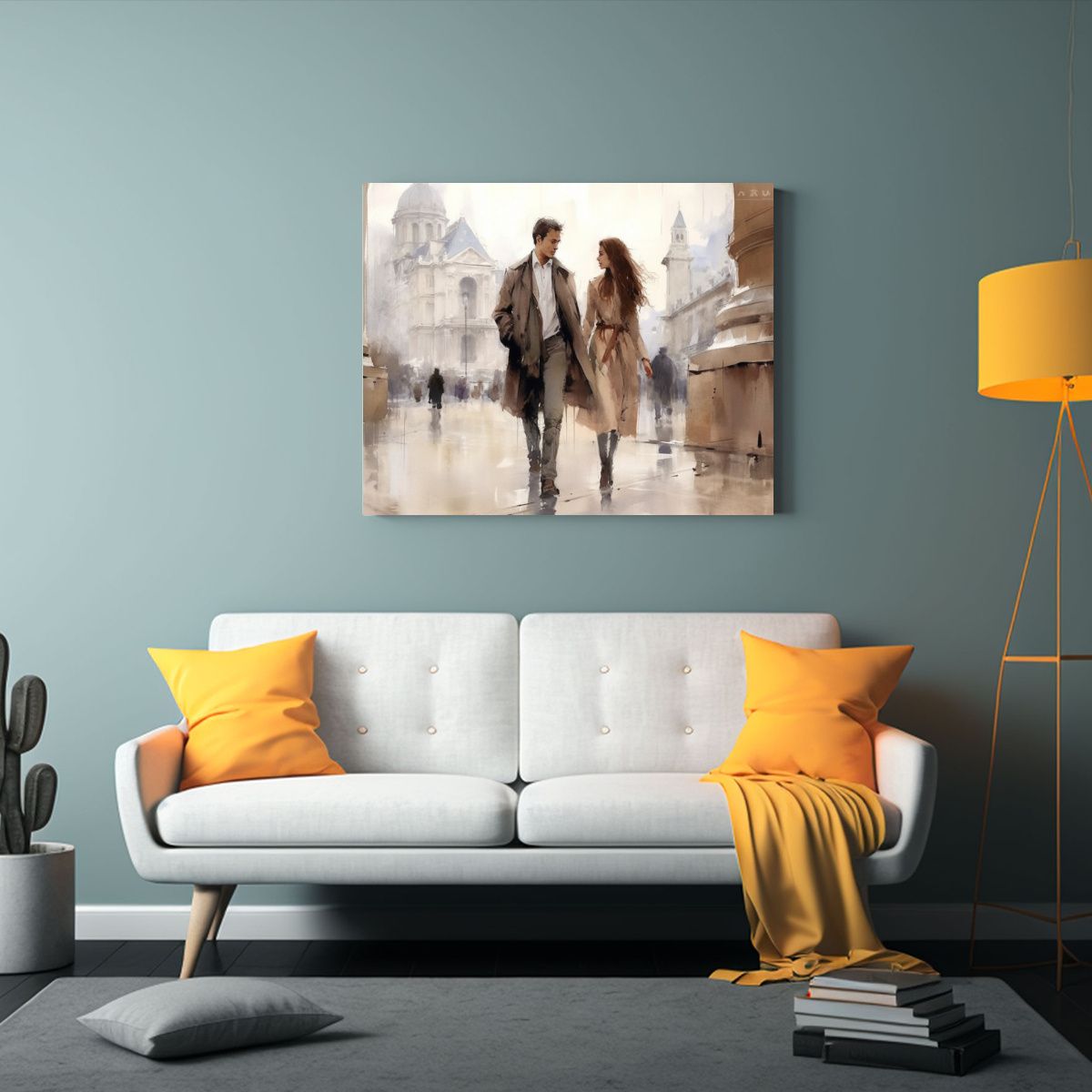 GENERICO - Pareja Elegante Paseando Por Las Calles De París Acuarela  60x40cm