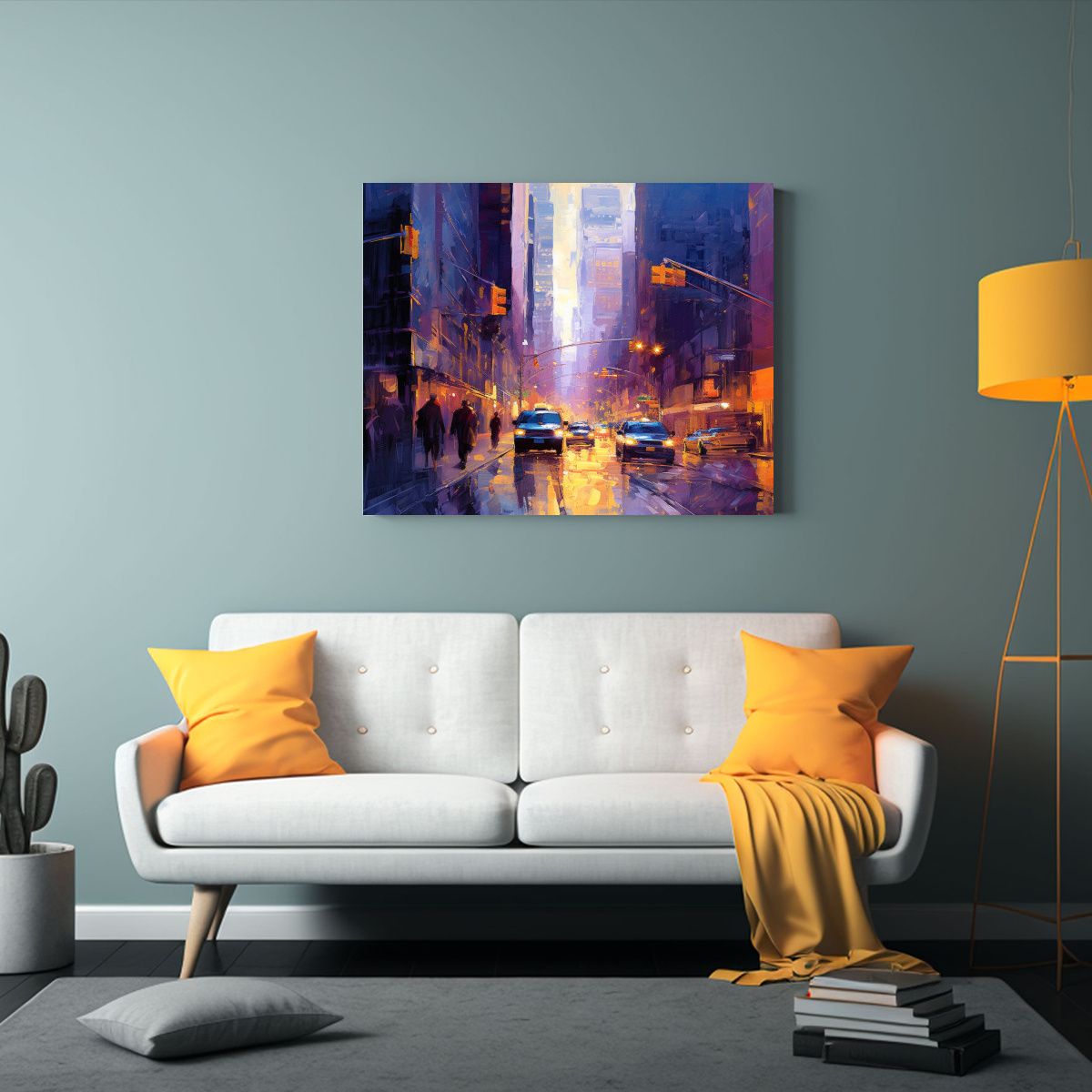 GENERICO - Pintura Urbana De Una Concurrida Calle Con Personas Y Taxis 120x80cm