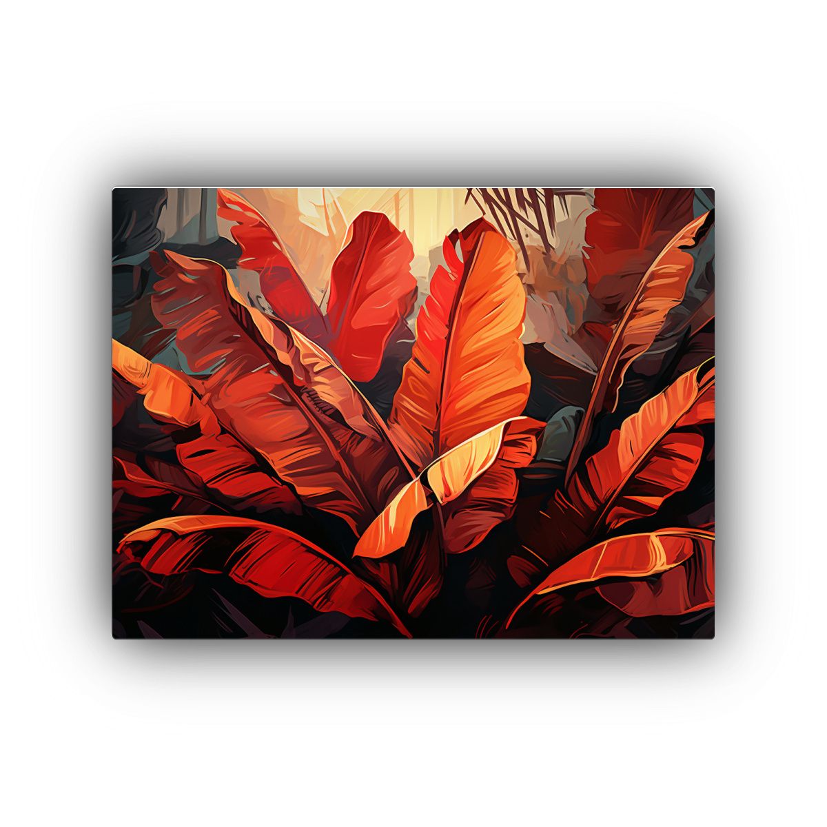 GENERICO - Cuadro Brillante Hojas De Plátano En Rojo Y Naranja Atmosf 120x80cm