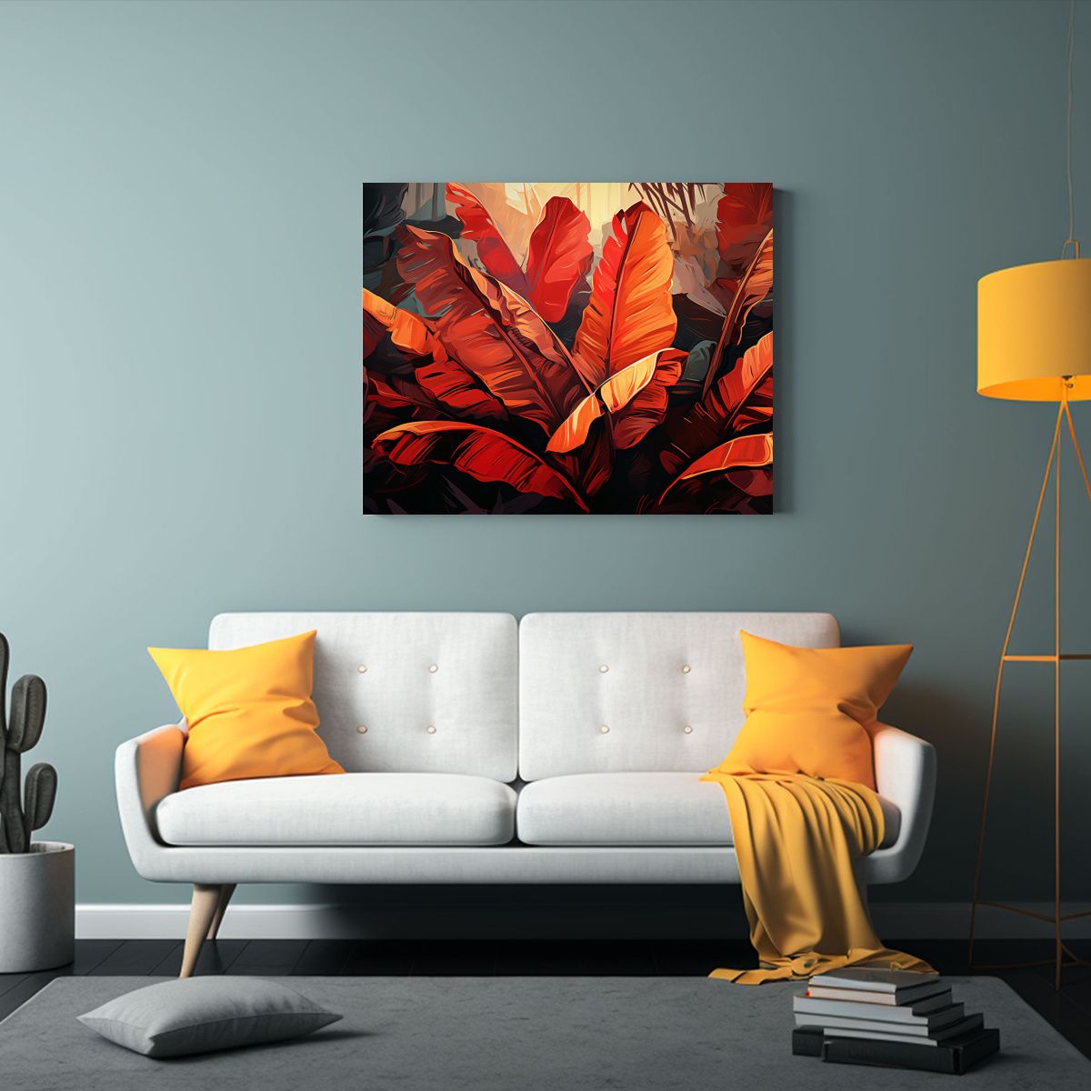 GENERICO - Cuadro Brillante Hojas De Plátano En Rojo Y Naranja Atmosf 120x80cm