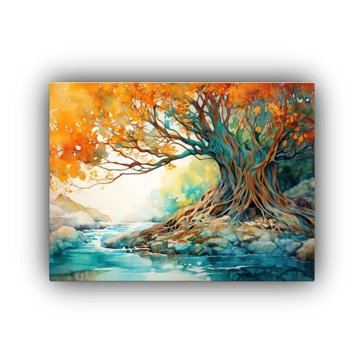 GENERICO - Pintura Abstracta De Un árbol Banyan En Colores Turquesa Y  120x80cm