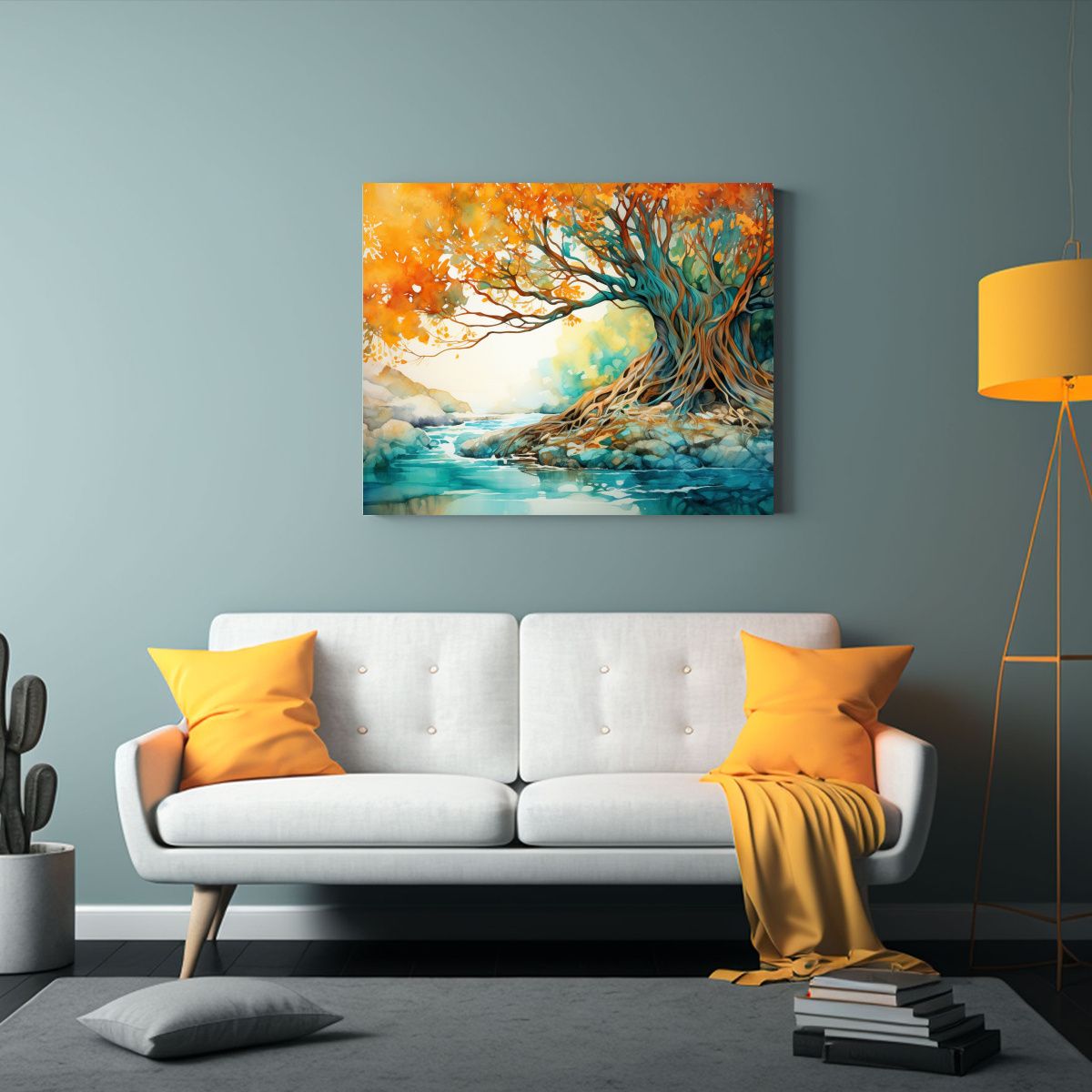 GENERICO - Pintura Abstracta De Un árbol Banyan En Colores Turquesa Y  120x80cm