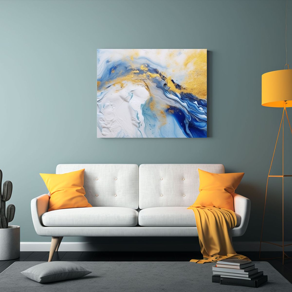 GENERICO - Cuadro Abstracto En Mármol Azul Y Dorado Para Decoración E 120x80cm