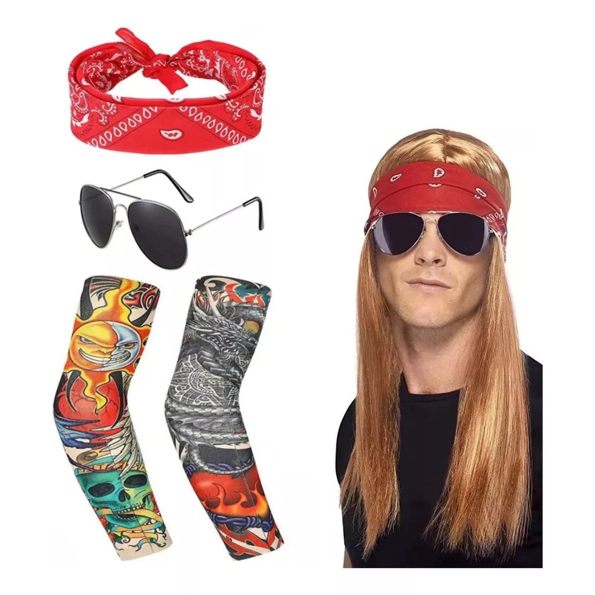 MUNDO MAGIA - Disfraz Cosplay Rockero Axel Roses Guns Peluca+ Accesorios