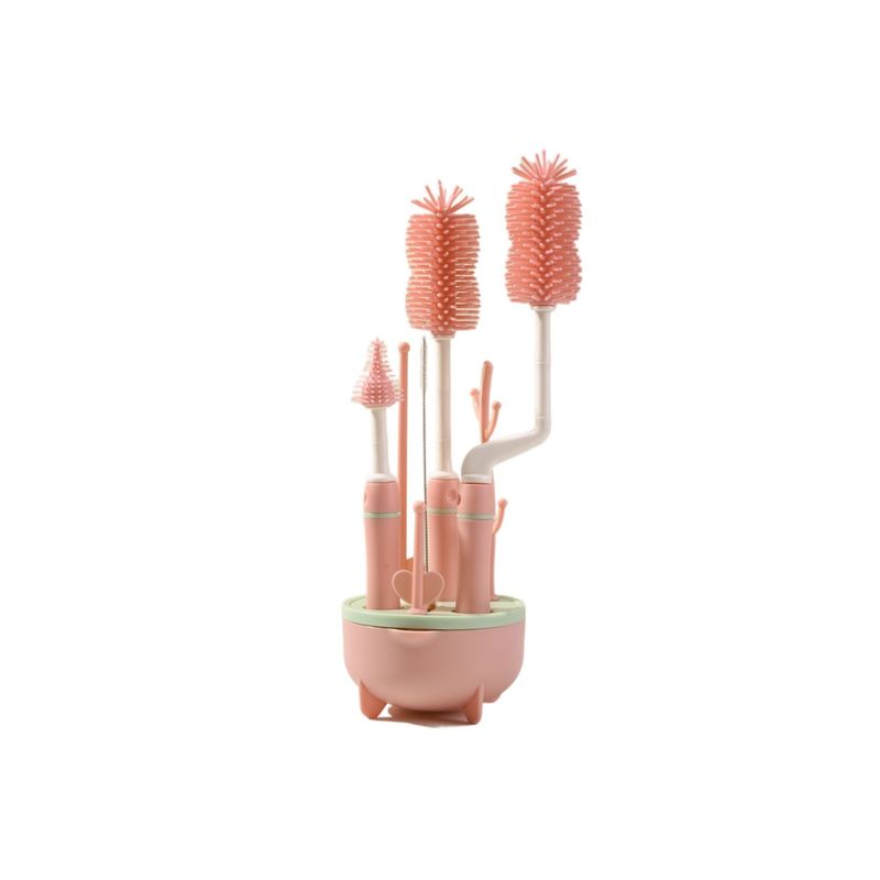 BABYLUNA - Set Cepillos Silicona para Mamaderas con Escurridor Rosado