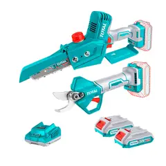 TOTAL TOOLS - Mini Motosierra 6" + Tijera de Podar + 2 Bat 2ah + Carg + 5 Acc TOTAL