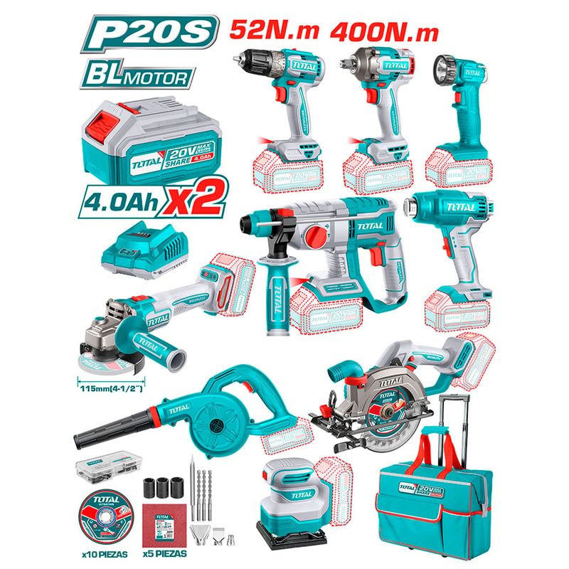 TOTAL TOOLS - Pack 9 Herramientas 20v + 2 Bat 4ah + Cargador + 60 Accesorios TOTAL