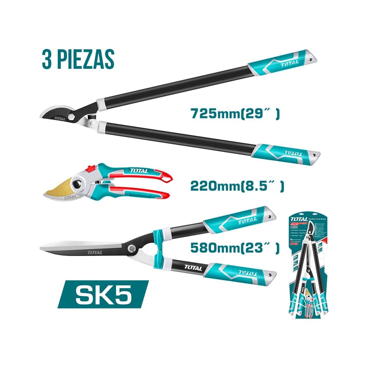 TOTAL TOOLS - Set Tijeras de Podar para Jardín Industrial 3 Piezas TOTAL