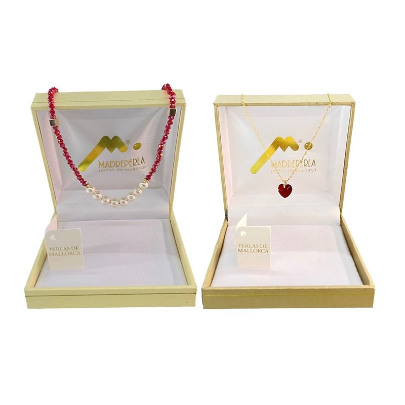 MALLORCA - Set Collar de Perlas Cristal Rubi mas Collar de Cristal Corazon Rubi