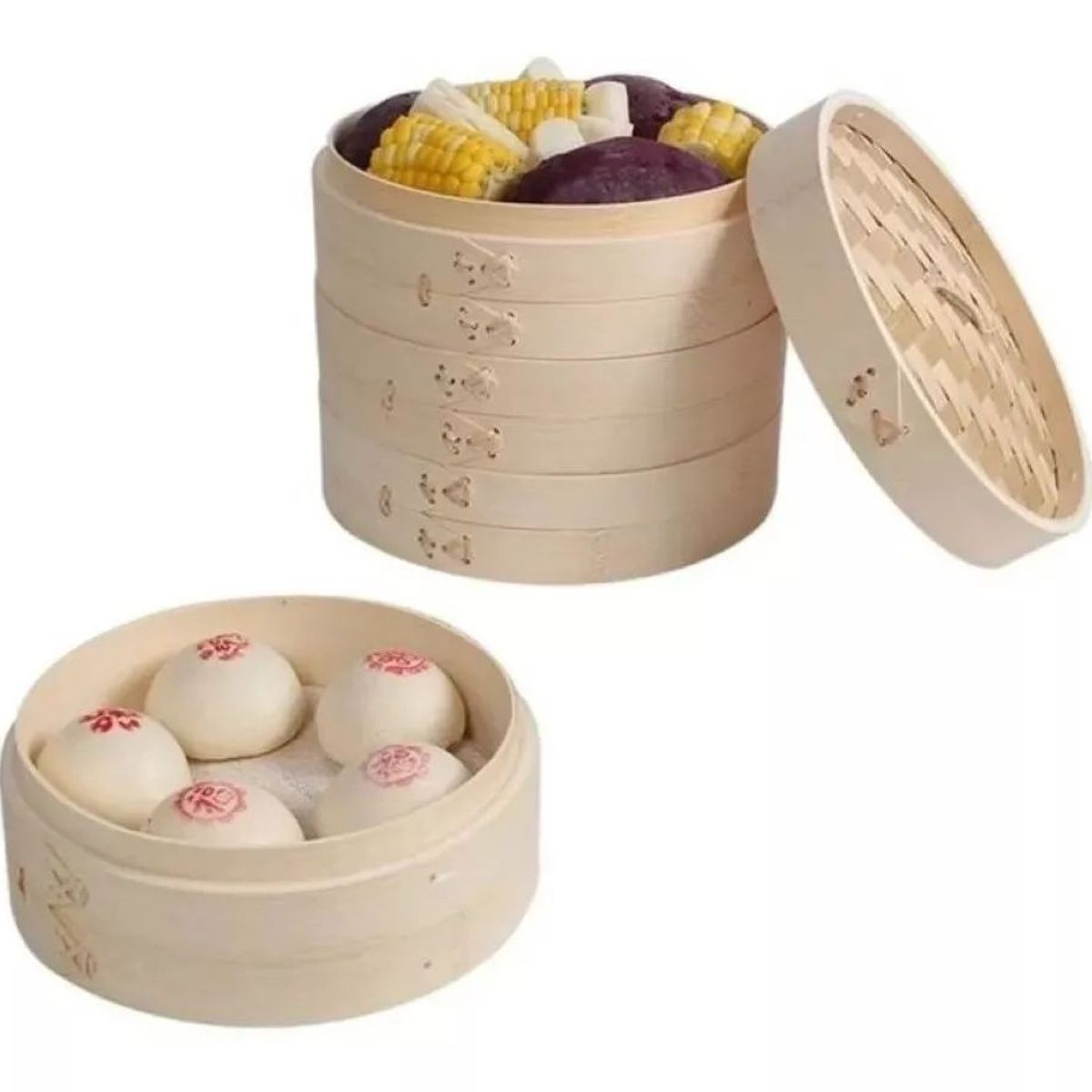 KUANGYE - Olla Vaporera De Bambú 2 Niveles Cocina A Vapor Bambu 24cm