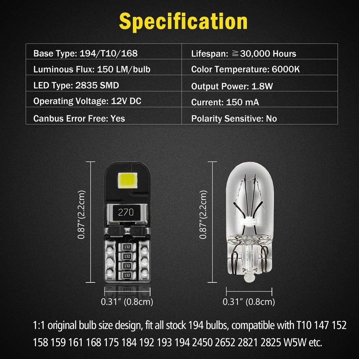 KUANGYE - Kit 10 Luces Led T10 Cola De Pescado Miniatura