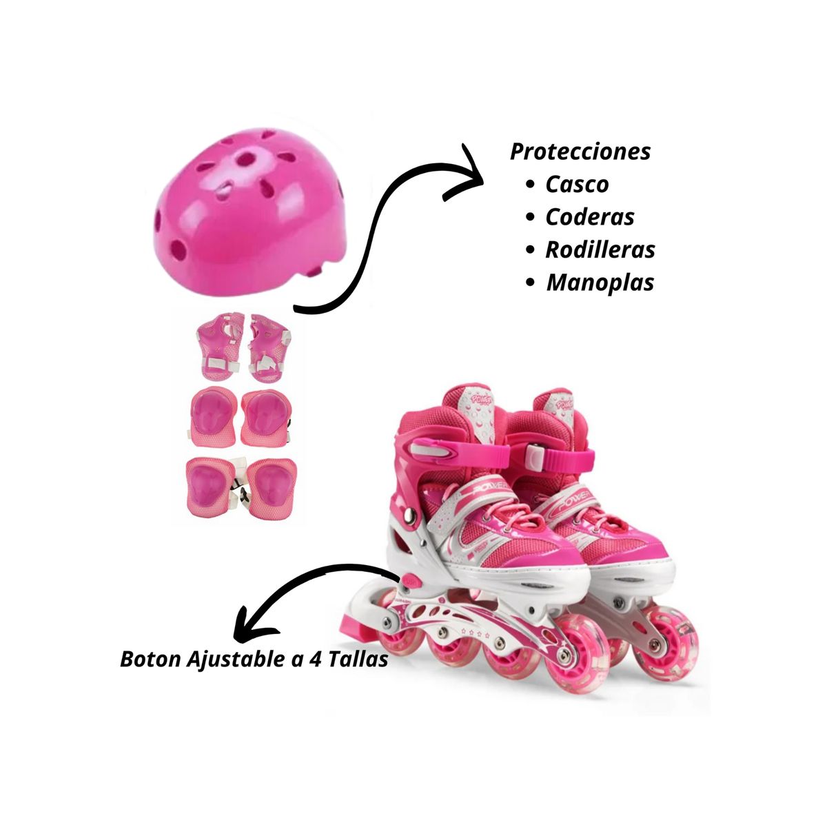 GENERICO - Patines Lineales Mas Protecciones Ajustables Talla S Fucsia