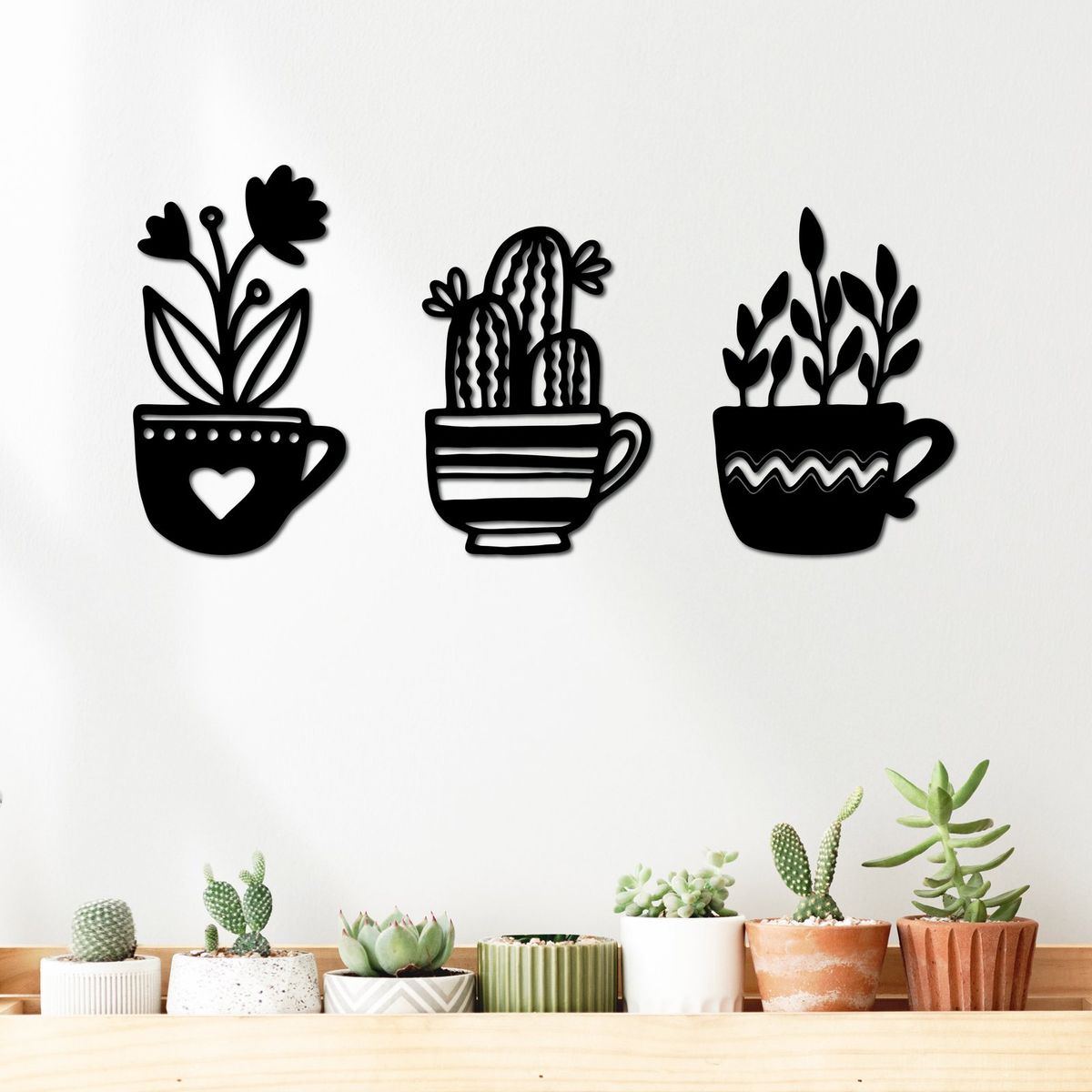 ELAB PROPIA - Set 3 Cuadros Decorativos Plantas en Tazas - Madera Fun Republic