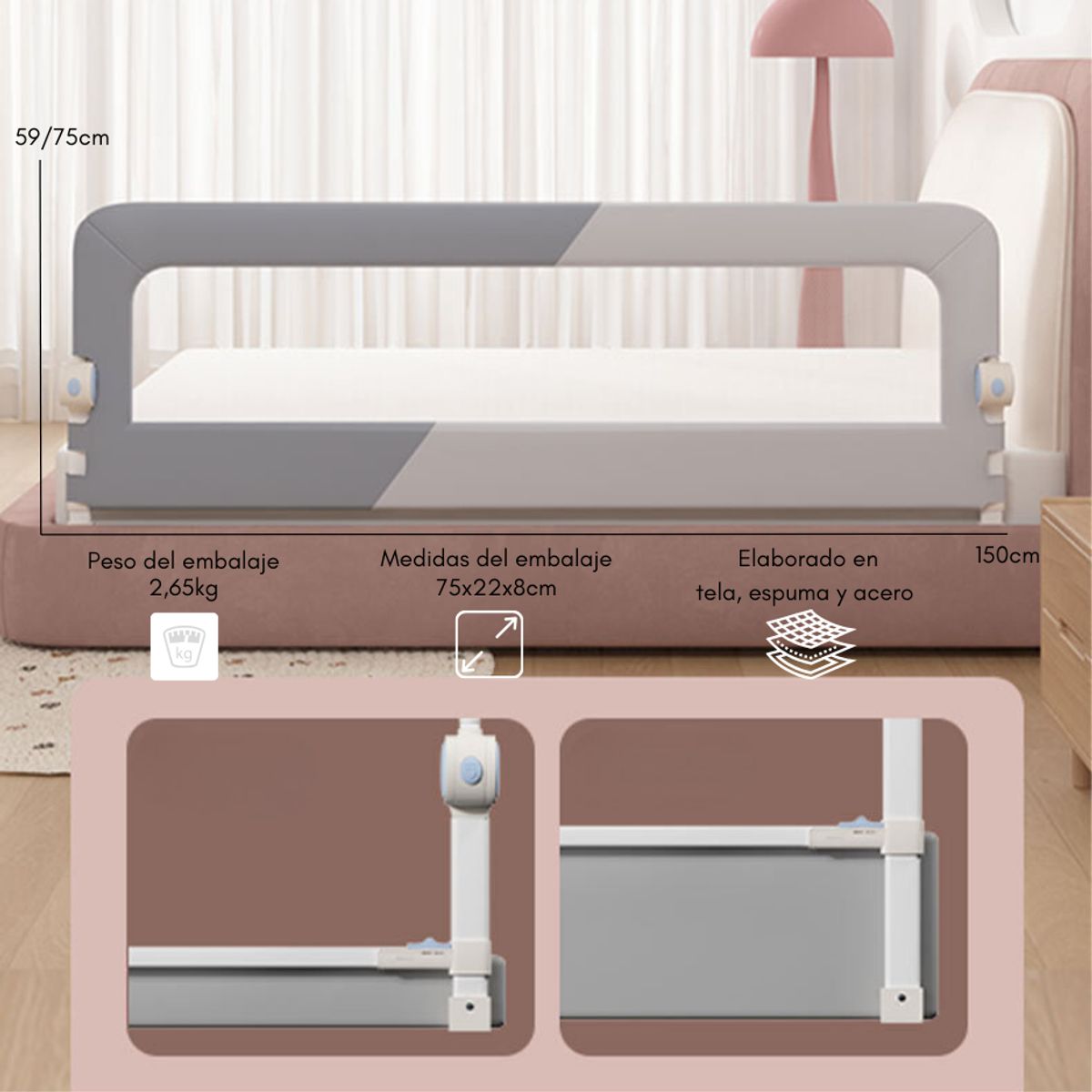 GENERICO - Baranda De Cama Seguridad Para Bebe Plegable 150 Cm