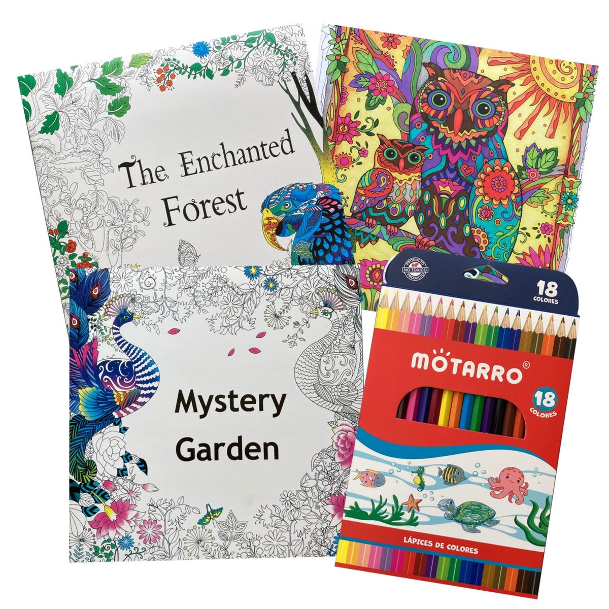 GENERICO - Pack 3 Libros para colorear mandalas + 18 lápices de colores