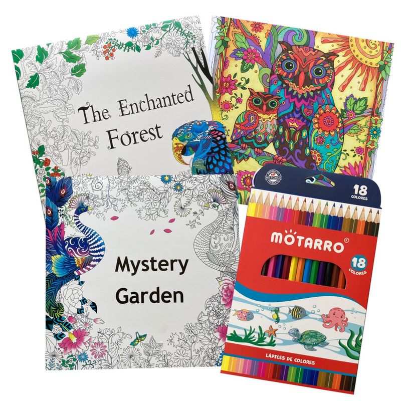 GENERICO - Pack 3 Libros para colorear mandalas + 18 lápices de colores