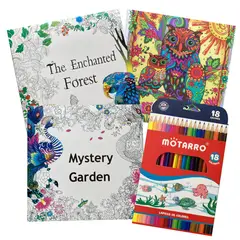 GENERICO - Pack 3 Libros para colorear mandalas + 18 lápices de colores