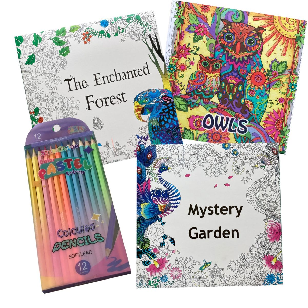 GENERICO - Pack 3 Libros para colorear mandalas + 12 lápices pasteles