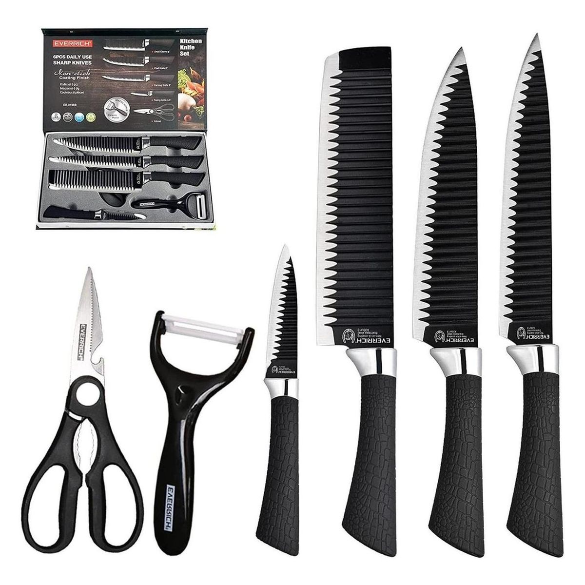 IMPORTCLICK - Set Cuchillo Acero Inoxidable 6 Piezas Antibacterial Negro - Negro