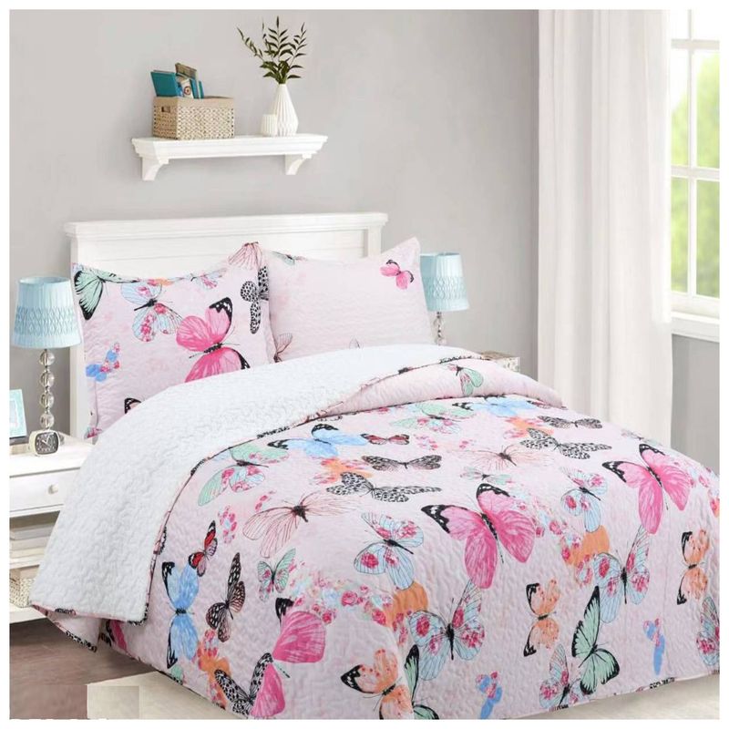 COMPRAPO - Cubrecama Quilt Juvenil Sherpa 2 Plazas Modelo Mariposa + 2 Fundas