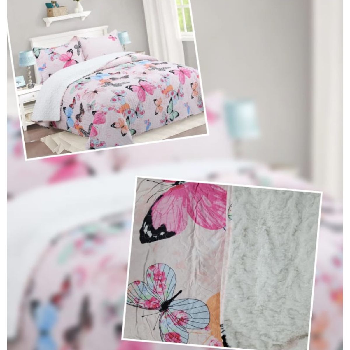 COMPRAPO - Cubrecama Quilt Juvenil Sherpa 2 Plazas Modelo Mariposa + 2 Fundas