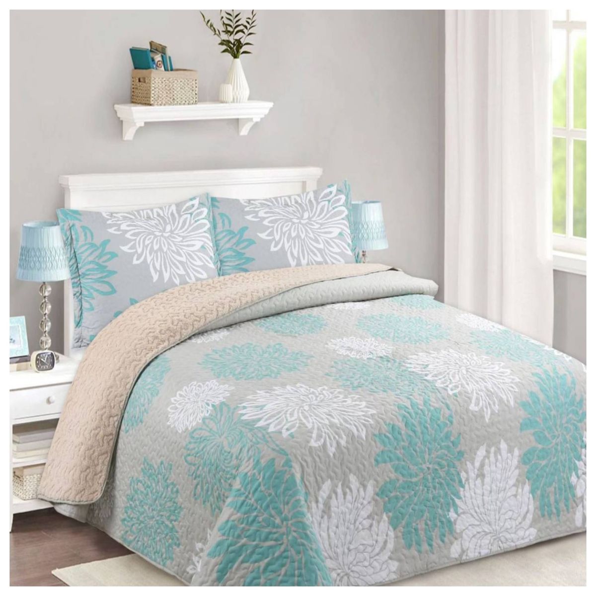 COMPRAPO - Cubrecama Quilt Sherpa 1.5 Pzas. Mod. Hojas Turquesas Fundas 50x70 Cm