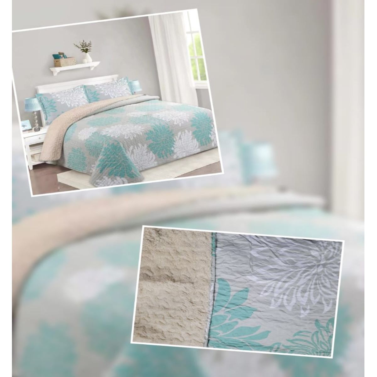 COMPRAPO - Cubrecama Quilt Sherpa 1.5 Pzas. Mod. Hojas Turquesas Fundas 50x70 Cm