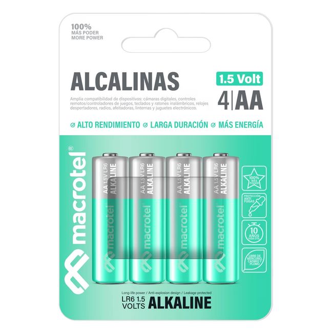 MACROTEL - Pack 4 Pilas AA Alcalinas Macrotel