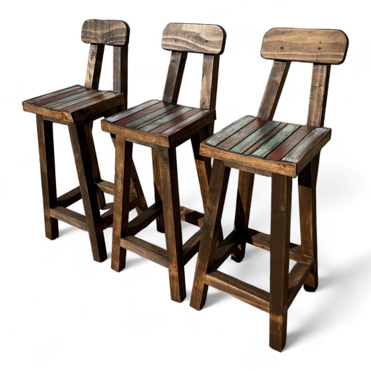 TAIKKEE - PACK DE TABURETE RUSTICO CON RESPALDO COLOR ROBLE Y COLORES VINTAGE