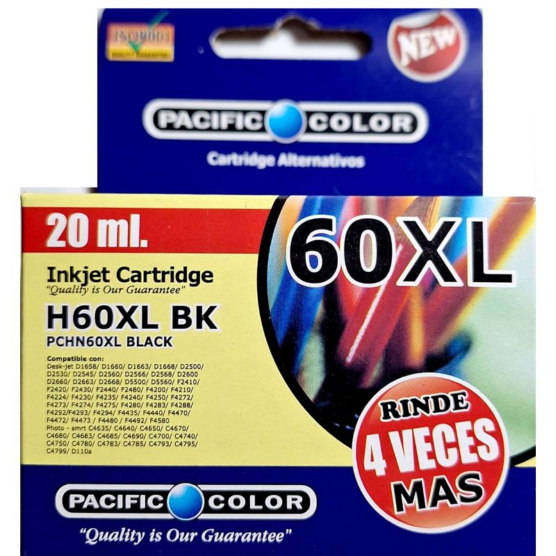 PACIFIC COLOR - Tinta Alternativa para HP 60 Negra XL